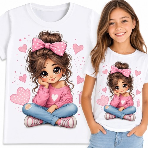 Koszulka dziewczęca z dziewczynką kawaii - różowa kokarda i serca