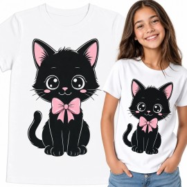 Koszulka dziewczęca z czarnym kotkiem kawaii - różowa kokarda