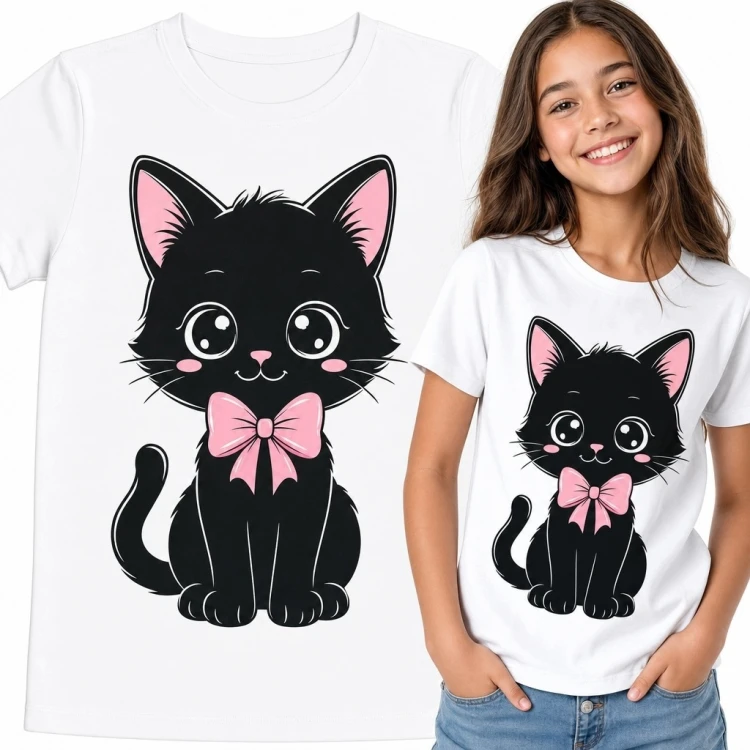 Koszulka dziewczęca z czarnym kotkiem kawaii - różowa kokarda