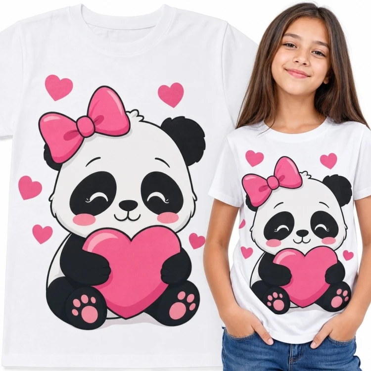 Koszulka dziewczęca z pandą i różowym sercem - słodki motyw kawaii