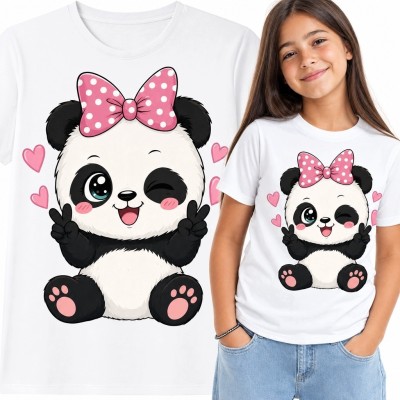 Koszulka dziewczęca z pandą kawaii - różowa kokarda i serca