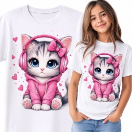 Koszulka dziewczęca z kotkiem kawaii w różowych słuchawkach - pastelowy motyw