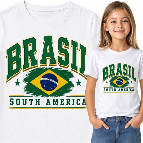 Koszulka dziewczęca z flagą Brazylii „Brasil” - sportowy styl varsity