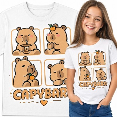 Koszulka dziewczęca z kapibarą i napisem „Capybara” - komiksowy wzór kawaii