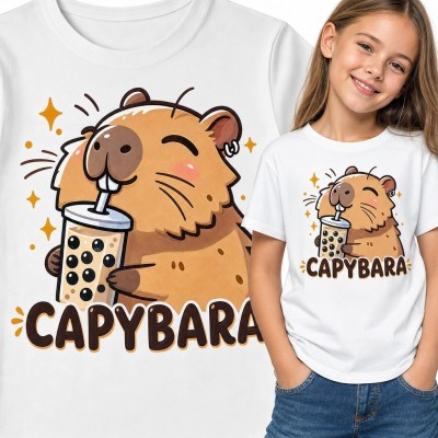 Koszulka dziewczęca z kapibarą i bubble tea „Capybara” - uroczy wzór