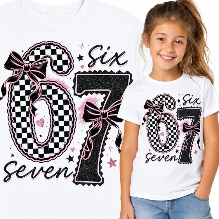 Koszulka dziewczęca „67 / Six Seven” - szachownica i kokardy