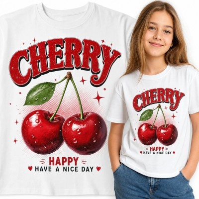 Koszulka dziewczęca z wiśniami i napisem „Cherry” - owocowy wzór retro