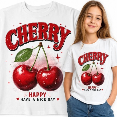 Koszulka dziewczęca z wiśniami i napisem „Cherry” - owocowy wzór retro