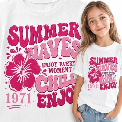 Koszulka dziewczęca z hibiskusem „Summer Waves” - wakacyjny wzór retro