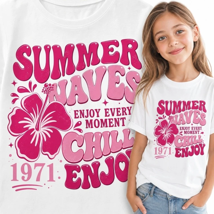 Koszulka dziewczęca z hibiskusem „Summer Waves” - wakacyjny wzór retro