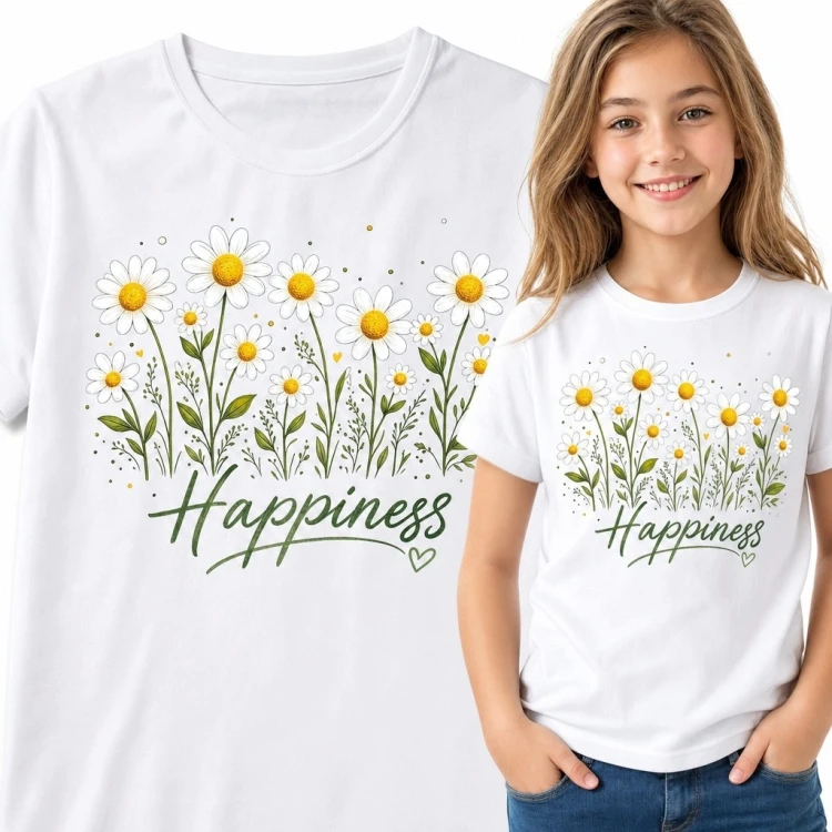 Koszulka dziewczęca ze stokrotkami i napisem „Happiness” - pogodny kwiatowy wzór