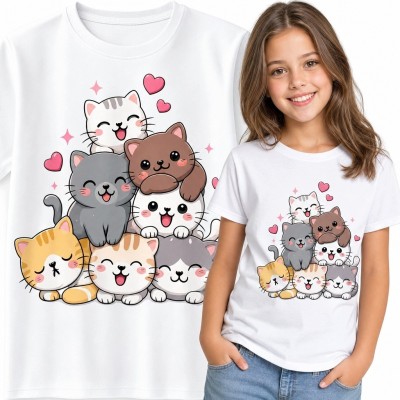 Koszulka dziewczęca z siedmioma kotkami kawaii - pastelowy motyw z sercami