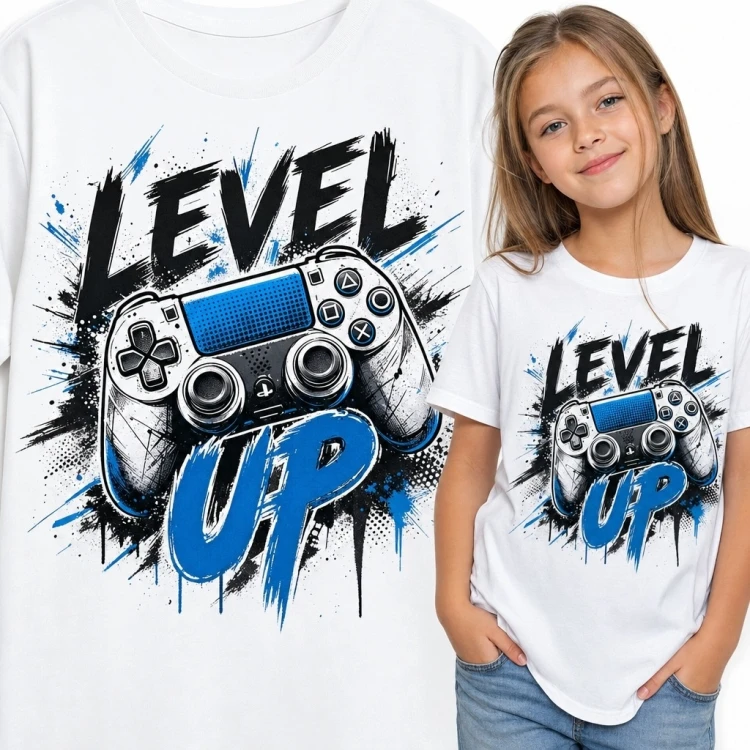 Koszulka dziewczęca z kontrolerem „Level Up” - gamingowy nadruk