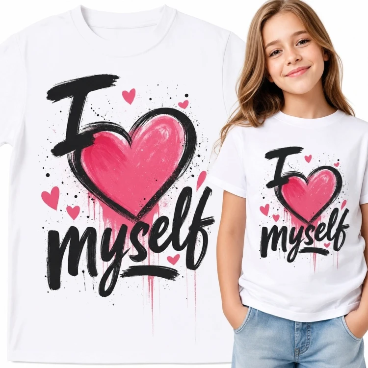 Koszulka dziewczęca z różowym sercem „I ♥ myself” - motyw samoakceptacji