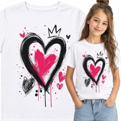 Koszulka dziewczęca z czarno-różowym sercem w stylu graffiti - motyw z koroną