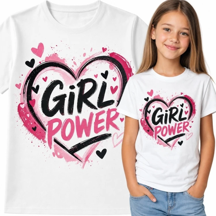 Koszulka dziewczęca z sercem i napisem „Girl Power” - różowo-czarny nadruk
