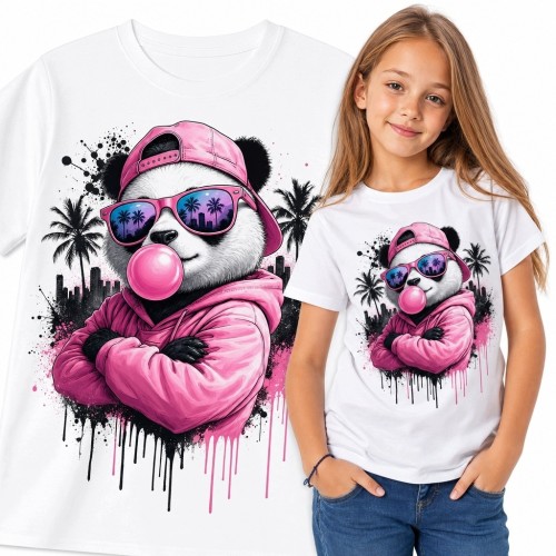 Koszulka dziewczęca z pandą w różowej czapce - streetwear i graffiti
