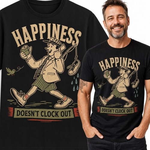Koszulka męska dla wędkarza „Happiness doesn't clock out” - retro humor