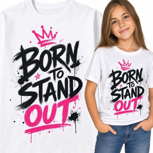Koszulka dziewczęca z graffiti „Born to Stand Out” - różowa korona