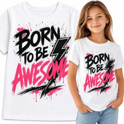 Koszulka dziewczęca z graffiti i błyskawicą „Born to Be Awesome” - motywacyjny nadruk