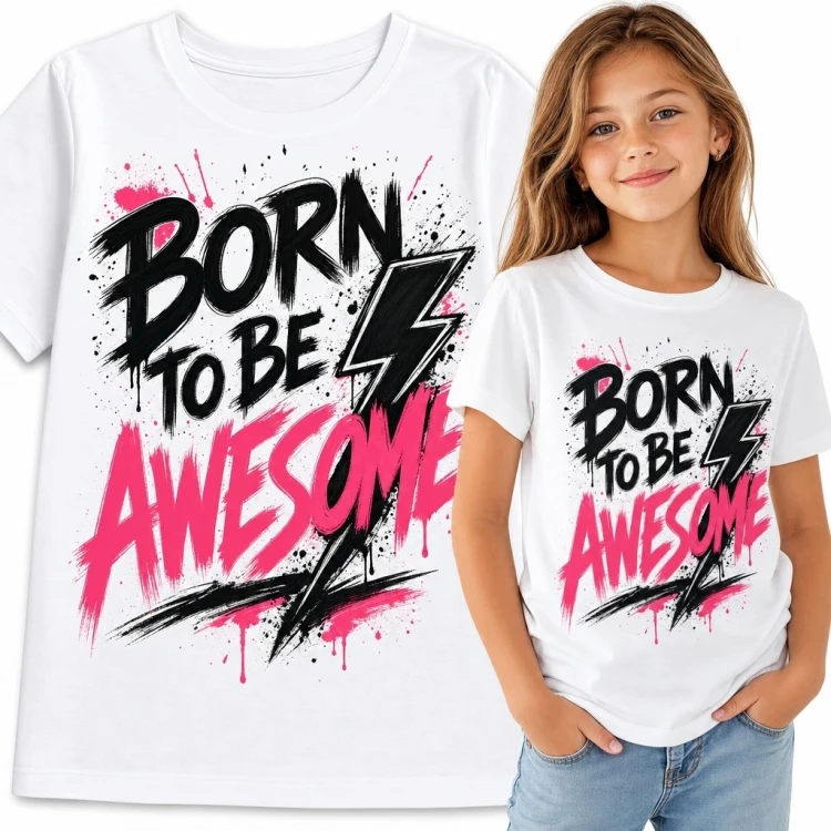 Koszulka dziewczęca z graffiti i błyskawicą „Born to Be Awesome” - motywacyjny nadruk