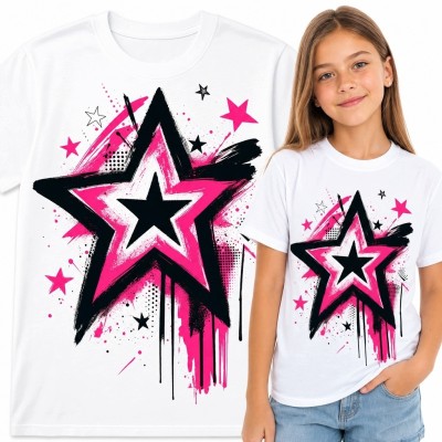 Koszulka dziewczęca z różowo-czarną gwiazdą - graffiti streetwear