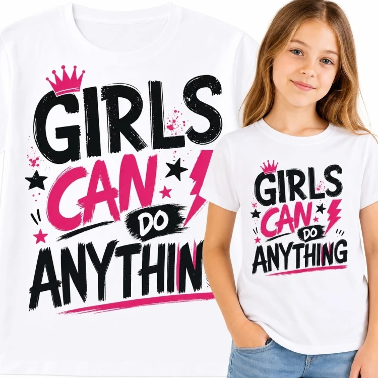 Koszulka dziewczęca „Girls Can Do Anything” - motyw girl power