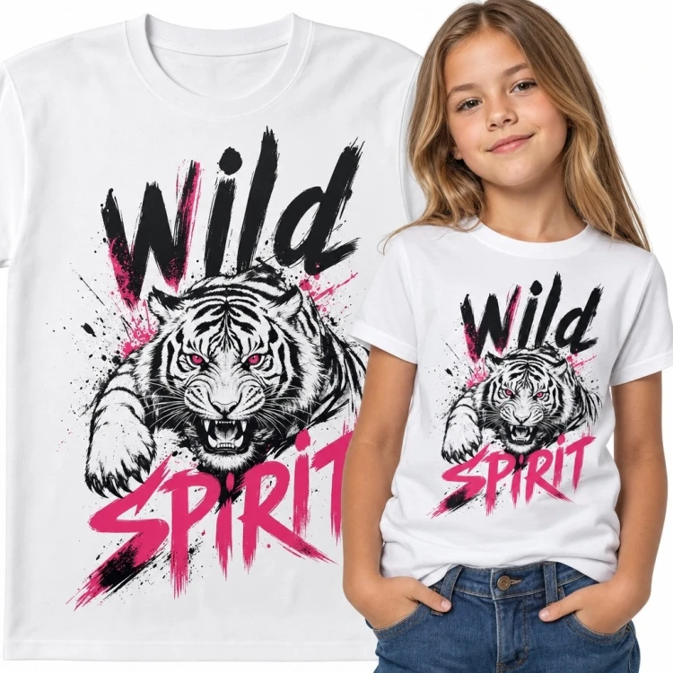Koszulka dziewczęca z tygrysem i napisem „Wild Spirit” - różowe akcenty