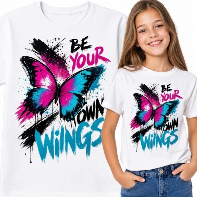 Koszulka dziewczęca z motylem „Be your own wings” - kolorowy wzór graffiti