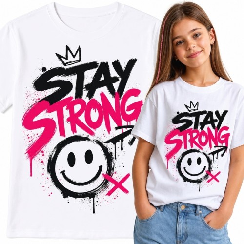 Koszulka dziewczęca z napisem „Stay Strong” - graffiti z uśmiechniętą buźką