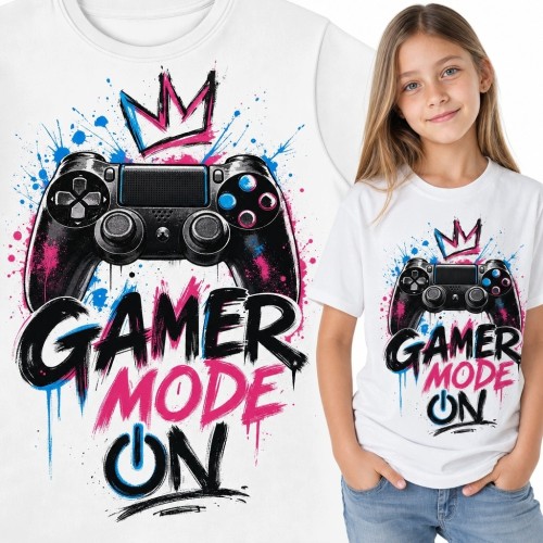 Koszulka dziewczęca z kontrolerem „Gamer Mode On” - gamingowe graffiti