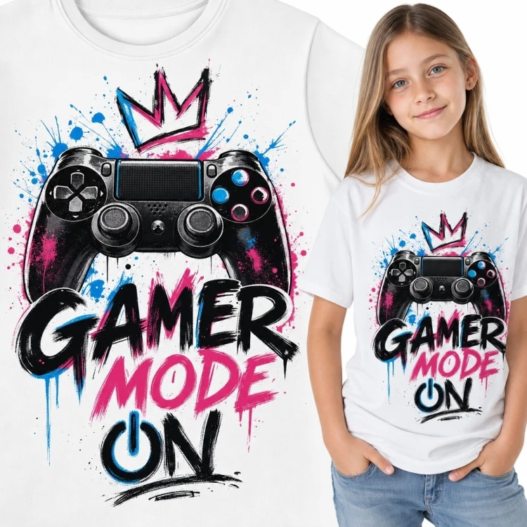 Koszulka dziewczęca z kontrolerem „Gamer Mode On” - gamingowe graffiti