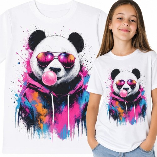 Koszulka dziewczęca z pandą w pilotkach i różową bańką - neonowy street art