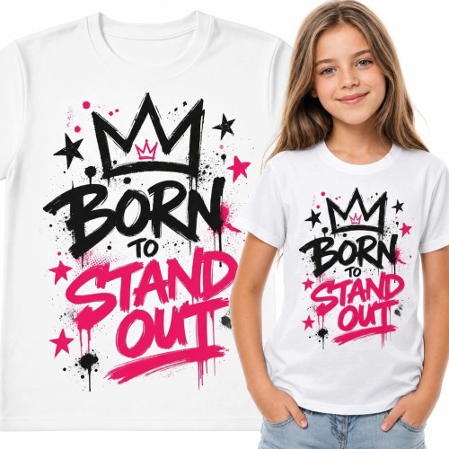 Koszulka dziewczęca z graffiti „Born to stand out” - czarno-różowy nadruk