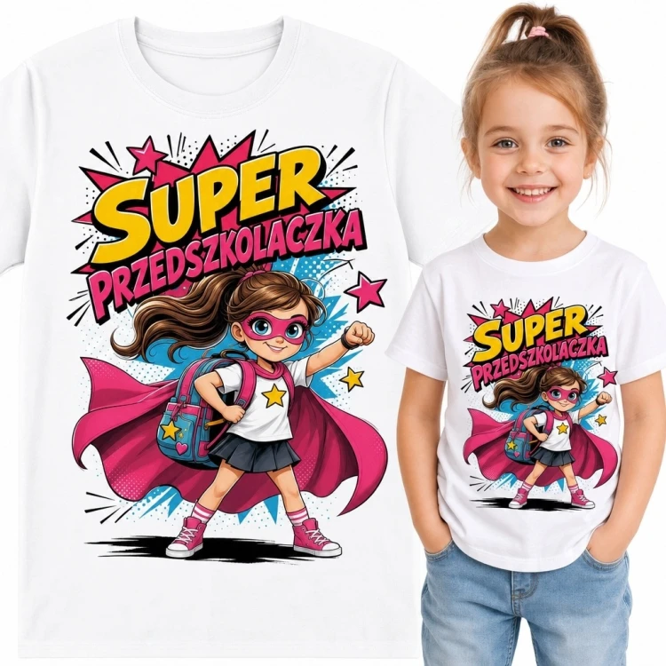 Koszulka dziewczęca „Super przedszkolaczka” z komiksową bohaterką