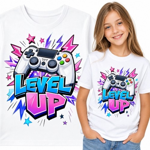 Koszulka dziewczęca z kontrolerem „Level Up” - kolorowy motyw gamingowy