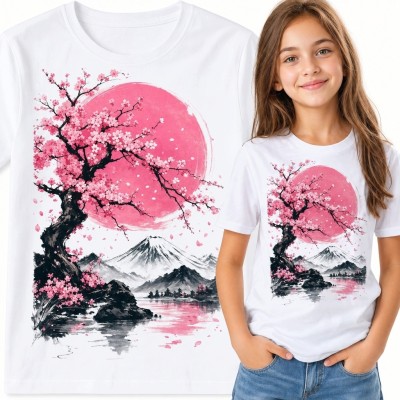 Koszulka dziewczęca z japońskim pejzażem - sakura i góra Fuji