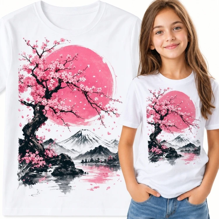 Koszulka dziewczęca z japońskim pejzażem - sakura i góra Fuji