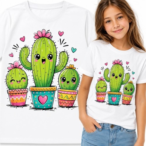 Koszulka dziewczęca z trzema kaktusami kawaii - kolorowy motyw z serduszkami