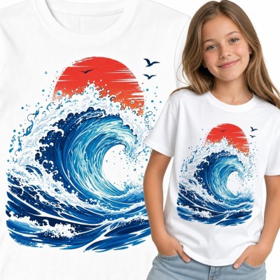 Koszulka dziewczęca z falą oceanu i czerwonym słońcem - morska ilustracja