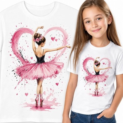 Koszulka dziewczęca z baletnicą - akwarelowy motyw z różowym sercem