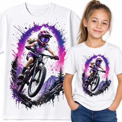 Koszulka dziewczęca z rowerzystką MTB - motyw górskiego zjazdu