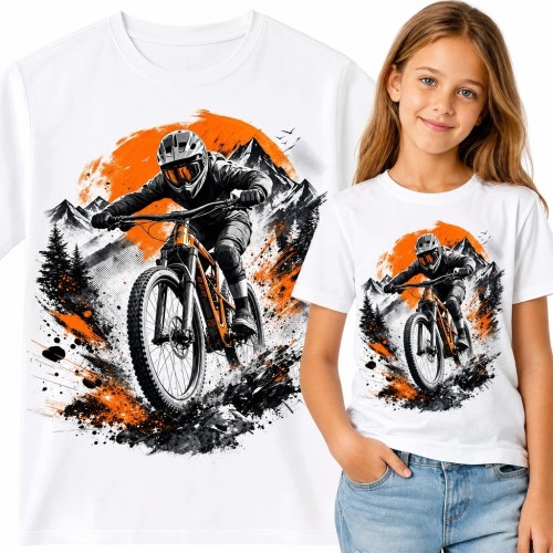 Koszulka dziewczęca z rowerzystą MTB - dynamiczny zjazd w górach