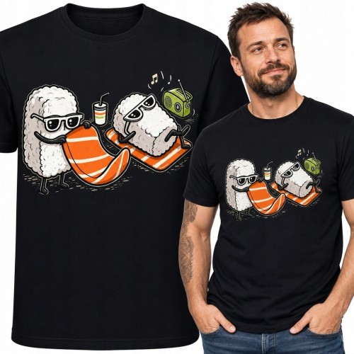 Koszulka męska z humorystycznym nadrukiem sushi - relaks przy muzyce