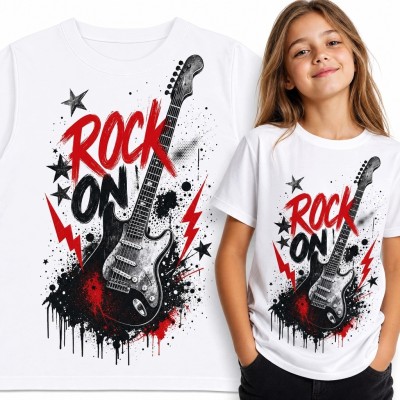 Koszulka dziewczęca z gitarą elektryczną „Rock On!” - rockowy nadruk