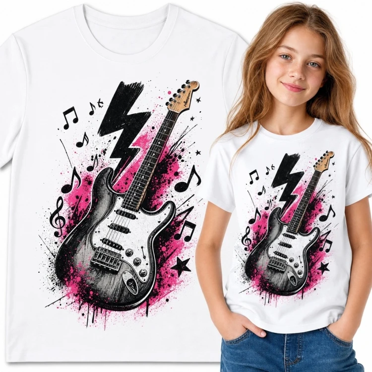 Koszulka dziewczęca z gitarą elektryczną - rockowy motyw graffiti