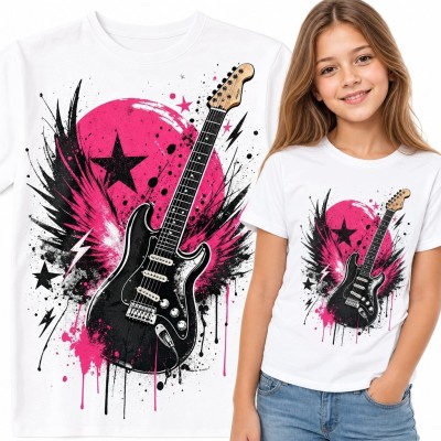 Koszulka dziewczęca z czarną gitarą elektryczną - różowo-czarny rockowy nadruk