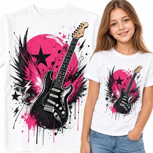 Koszulka dziewczęca z czarną gitarą elektryczną - różowo-czarny rockowy nadruk