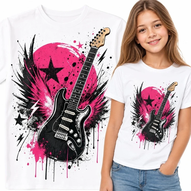 Koszulka dziewczęca z czarną gitarą elektryczną - różowo-czarny rockowy nadruk