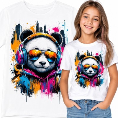 Koszulka dziewczęca z pandą w słuchawkach - neonowy street art